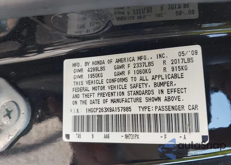 2009 Honda Accord 2.4 Lx z USA, uszkodzony, nr VIN 1HGCP263X9A157985